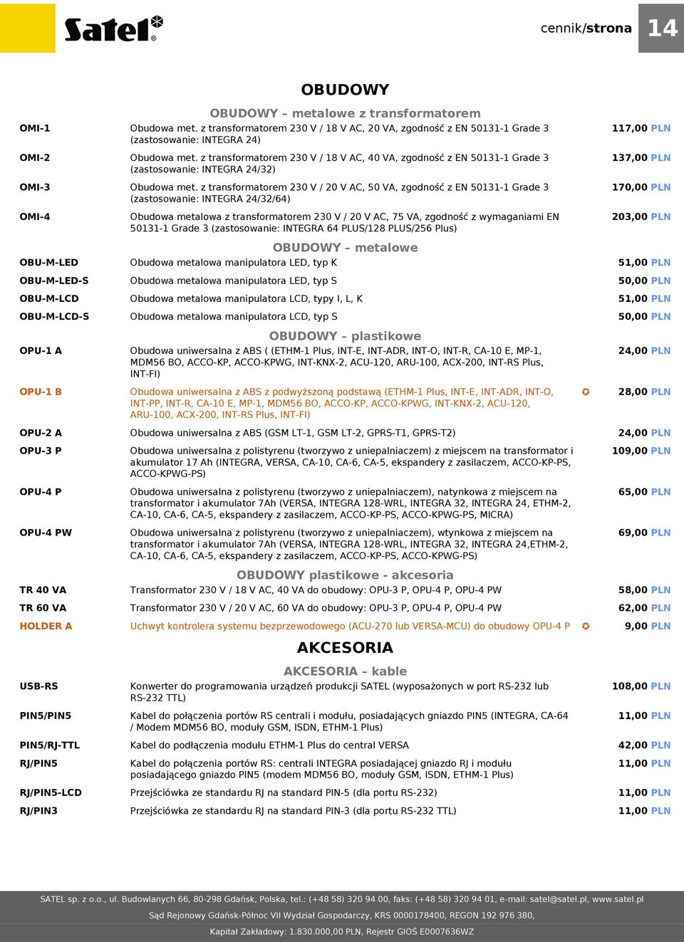 z transformatorem 230 V / 18 V AC, 40 VA, zgodność z EN 50131-1 Grade 3 (zastosowanie: INTEGRA 24/32) Obudowa met.