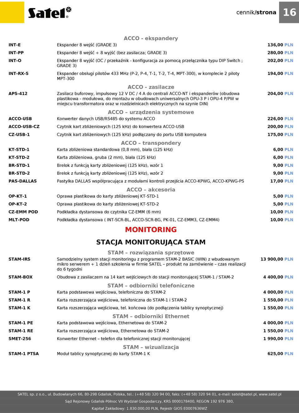 konfiguracja za pomocą przełącznika typu DIP Switch ; GRADE 3) Ekspander obsługi pilotów 433 MHz (P-2, P-4, T-1, T-2, T-4, MPT-300), w komplecie 2 piloty MPT-300 ACCO - zasilacze Zasilacz buforowy,