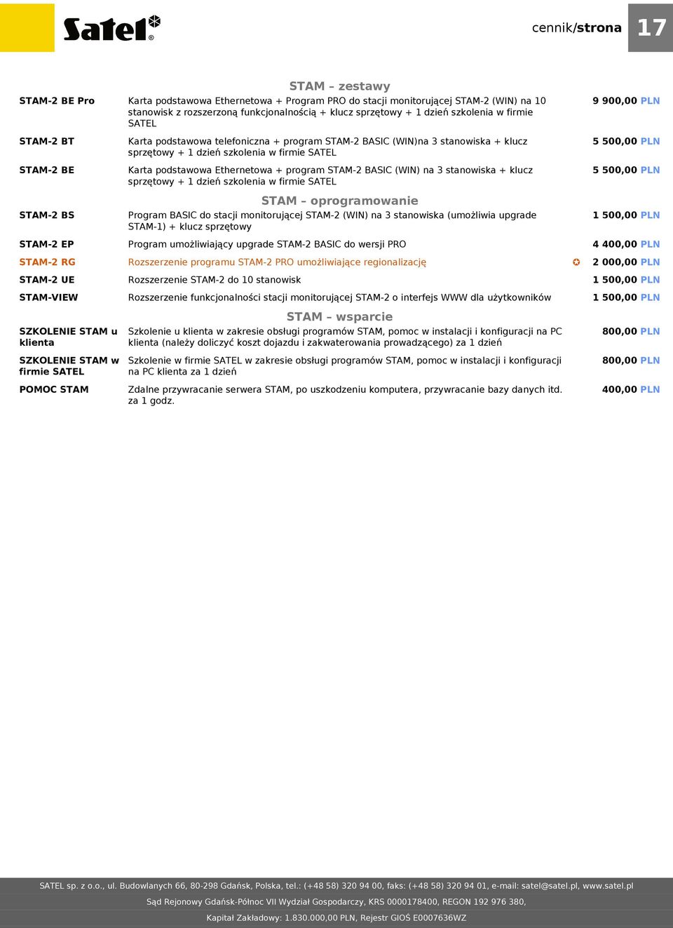 funkcjonalnością + klucz sprzętowy + 1 dzień szkolenia w firmie SATEL Karta podstawowa telefoniczna + program STAM-2 BASIC (WIN)na 3 stanowiska + klucz sprzętowy + 1 dzień szkolenia w firmie SATEL