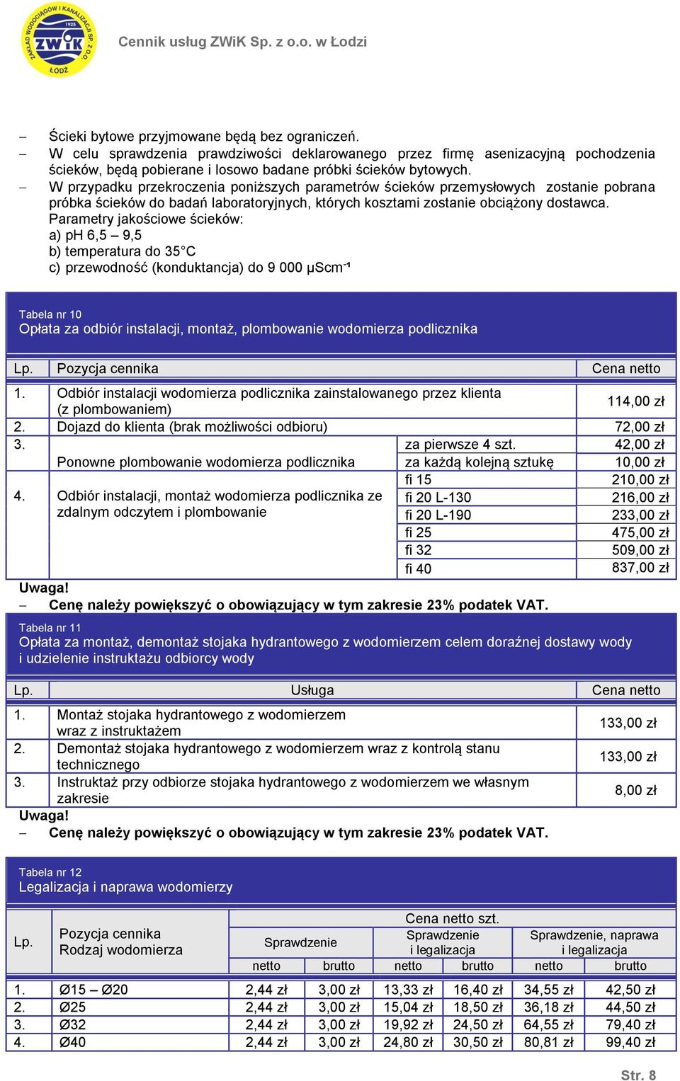 Parametry jakościowe ścieków: a) ph 6,5 9,5 b) temperatura do 35 C c) przewodność (konduktancja) do 9 000 µscm ¹ Tabela nr 10 Opłata za odbiór instalacji, montaż, plombowanie wodomierza podlicznika