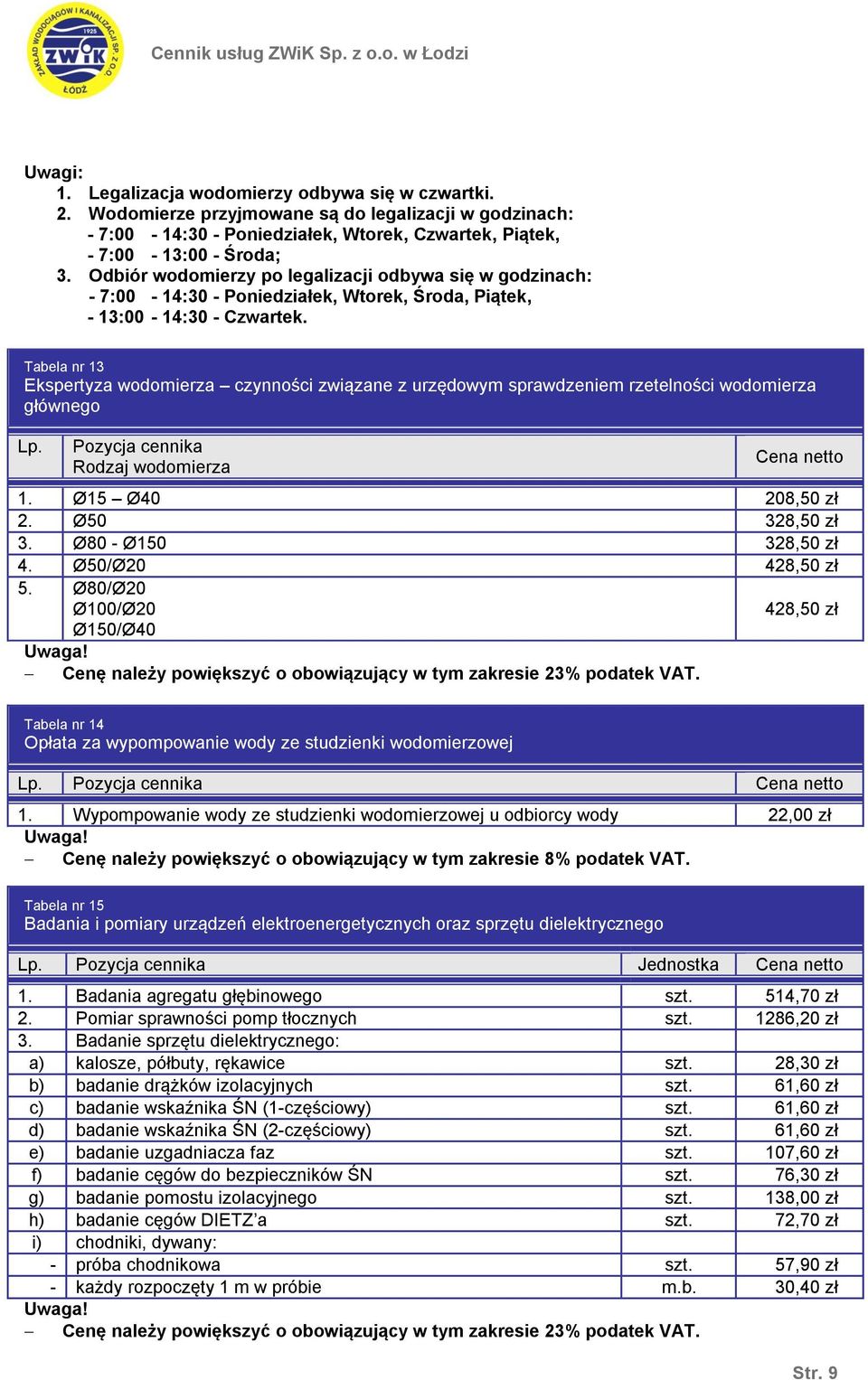 Tabela nr 13 Ekspertyza wodomierza czynności związane z urzędowym sprawdzeniem rzetelności wodomierza głównego Rodzaj wodomierza Cena netto 1. Ø15 Ø40 208,50 zł 2. Ø50 328,50 zł 3.
