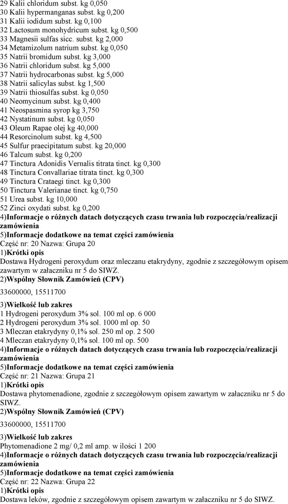 kg 0,050 40 Neomycinum subst. kg 0,400 41 Neospasmina syrop kg 3,750 42 Nystatinum subst. kg 0,050 43 Oleum Rapae olej kg 40,000 44 Resorcinolum subst. kg 4,500 45 Sulfur praecipitatum subst.