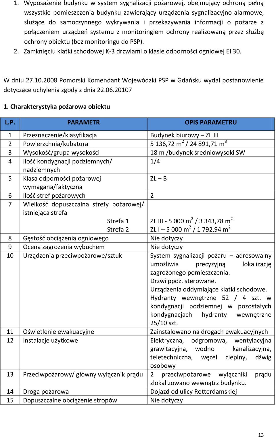 Zamknięciu klatki schodowej K-3 drzwiami o klasie odporności ogniowej EI 30. W dniu 27.10.2008 Pomorski Komendant Wojewódzki PSP w Gdańsku wydał postanowienie dotyczące uchylenia zgody z dnia 22.06.