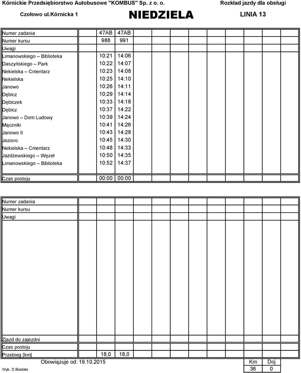 Ludowy 10:39 14:24 Mączniki 10:41 14:26 Janowo II 10:43 14:28 Jezioro 10:45 14:30 Nekielska Cmentarz 10:48 14:33