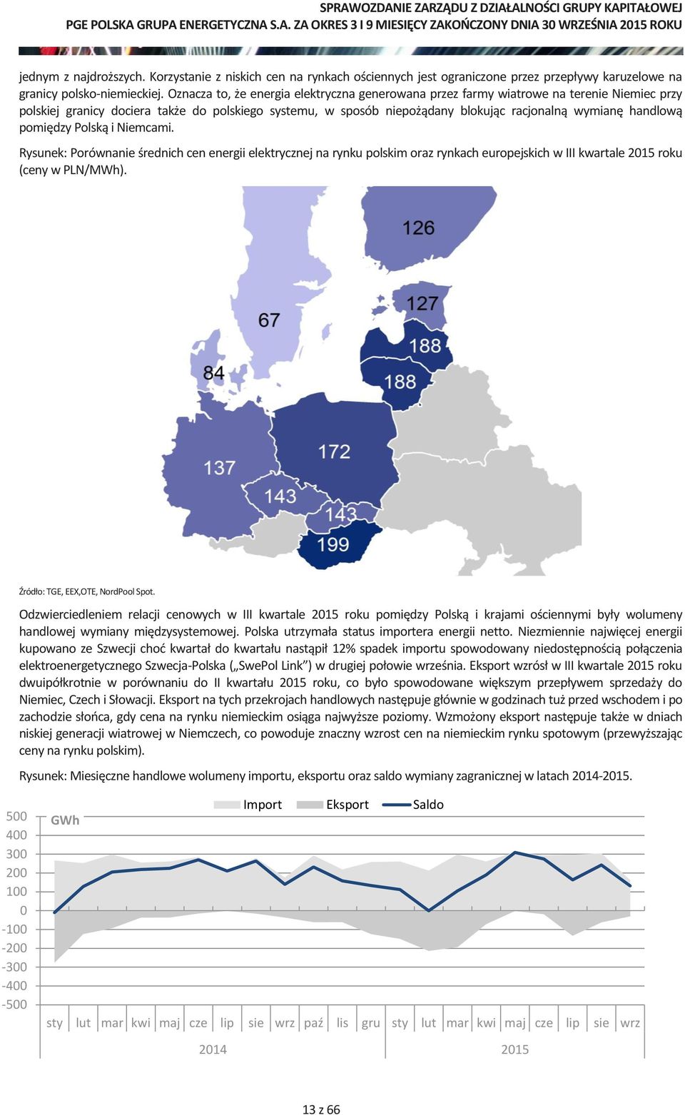handlową pomiędzy Polską i Niemcami. Rysunek: Porównanie średnich cen energii elektrycznej na rynku polskim oraz rynkach europejskich w III kwartale 2015 roku (ceny w PLN/MWh).
