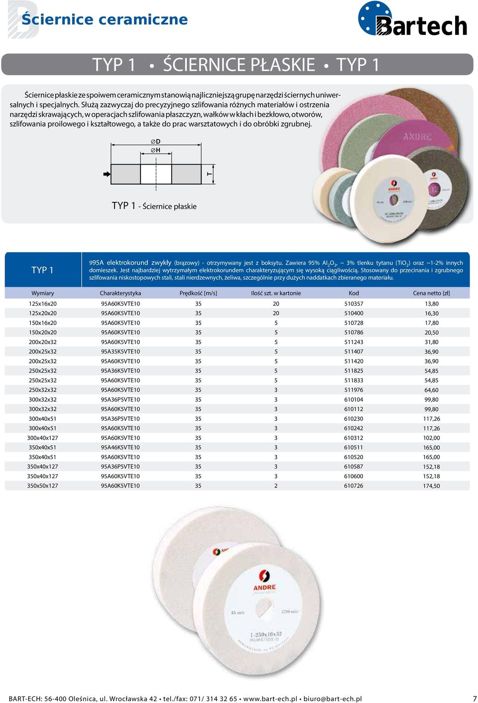 kształtowego, a także do prac warsztatowych i do obróbki zgrubnej. TYP 1 - Ściernice płaskie TYP 1 995A elektrokorund zwykły (brązowy) - otrzymywany jest z boksytu.