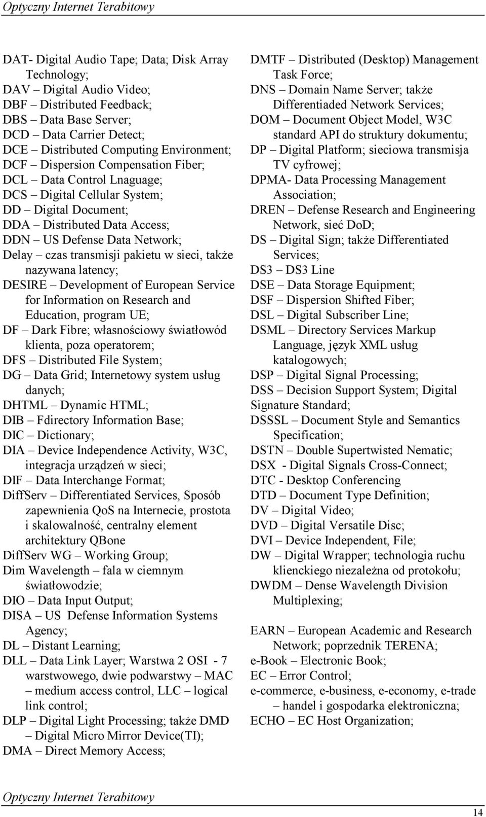 sieci, także nazywana latency; DESIRE Development of European Service for Information on Research and Education, program UE; DF Dark Fibre; własnościowy światłowód klienta, poza operatorem; DFS