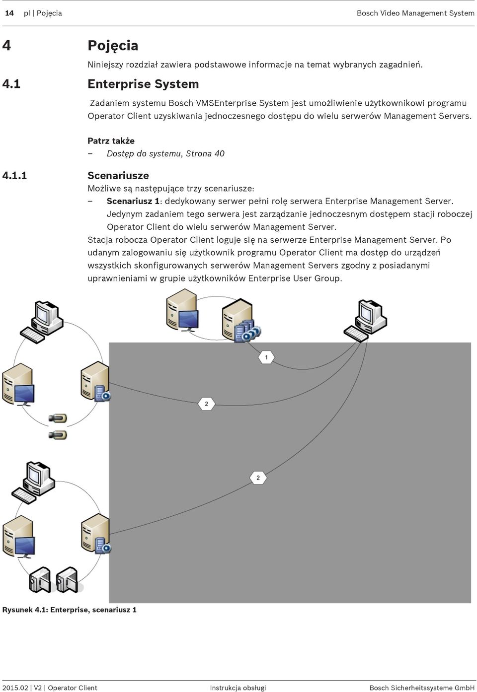 1 Enterprise System Zadaniem systemu Bosch VMSEnterprise System jest umożliwienie użytkownikowi programu Operator Client uzyskiwania jednoczesnego dostępu do wielu serwerów Management Servers.