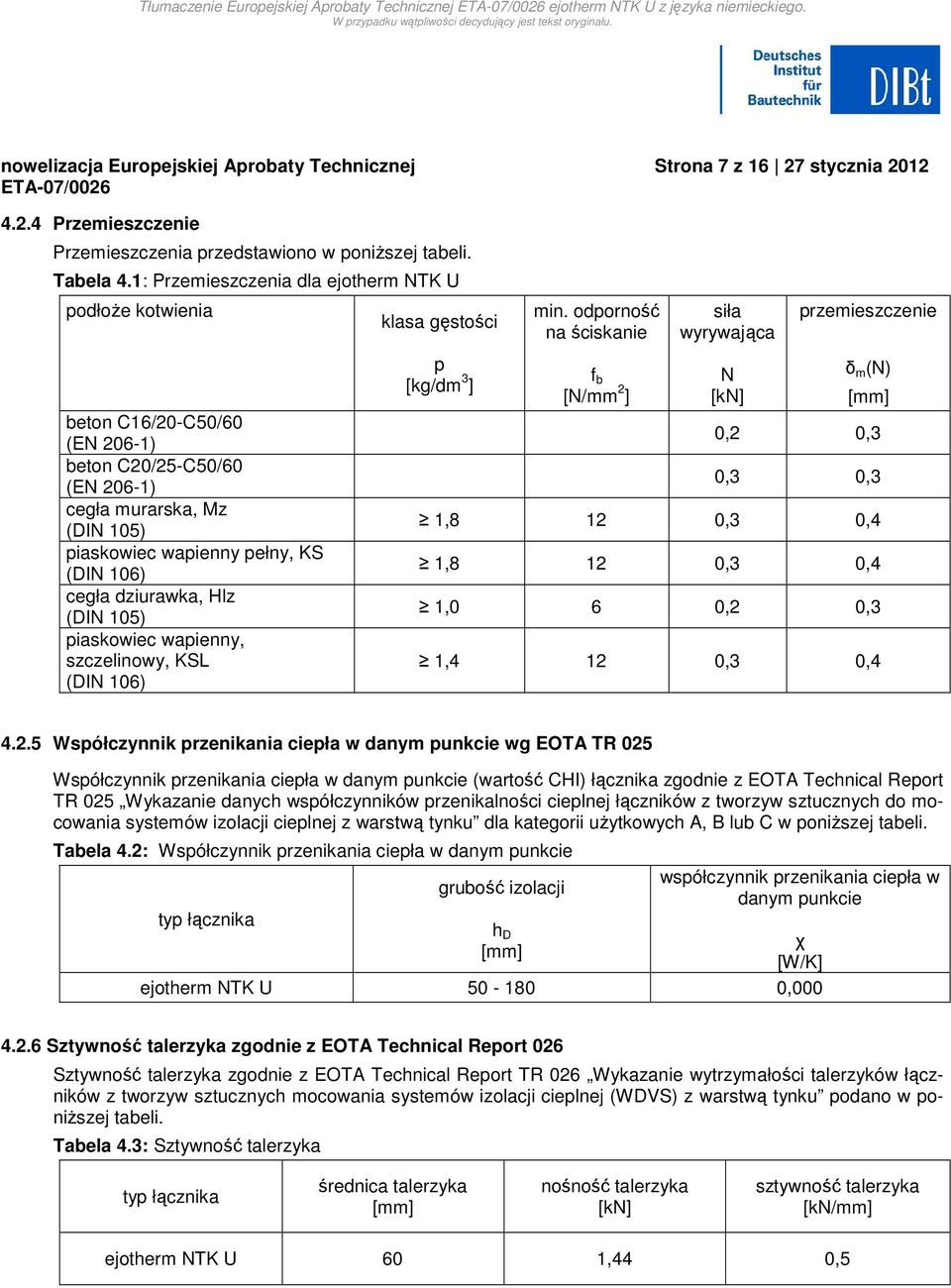 dziurawka, Hlz (DIN 105) piaskowiec wapienny, szczelinowy, KSL (DIN 106) klasa gęstości p [kg/dm 3 ] min.