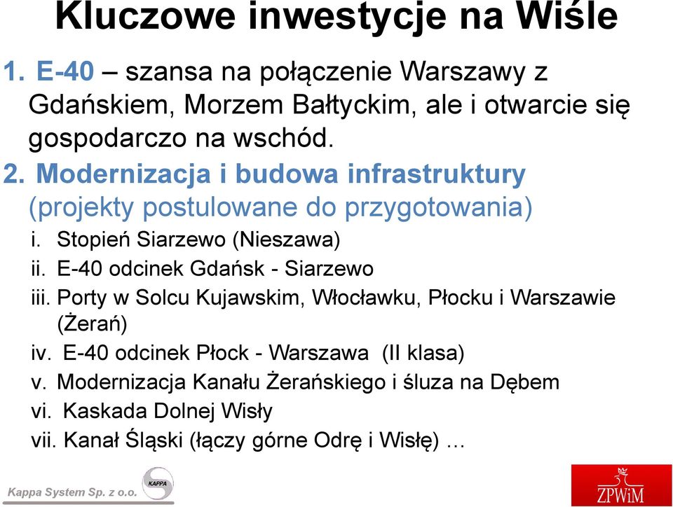 Modernizacja i budowa infrastruktury (projekty postulowane do przygotowania) i. Stopień Siarzewo (Nieszawa) ii.