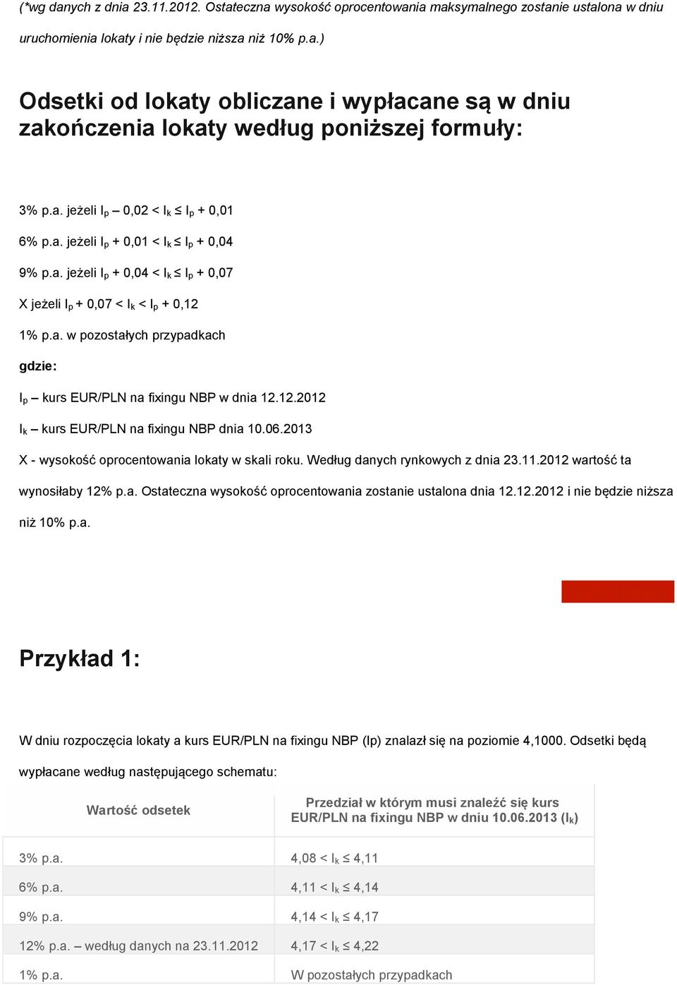 12.2012 I k kurs EUR/PLN na fixingu NBP dnia 10.06.2013 X - wysokość oprocentowania lokaty w skali roku. Według danych rynkowych z dnia 23.11.2012 wartość ta wynosiłaby 12% p.a. Ostateczna wysokość oprocentowania zostanie ustalona dnia 12.