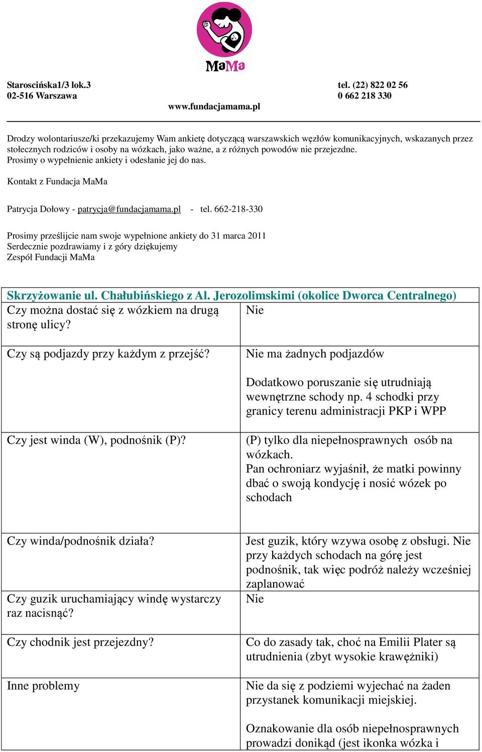 przejezdne. Prosimy o wypełnienie ankiety i odesłanie jej do nas. Kontakt z Fundacja MaMa Patrycja Dołowy - patrycja@fundacjamama.pl - tel.