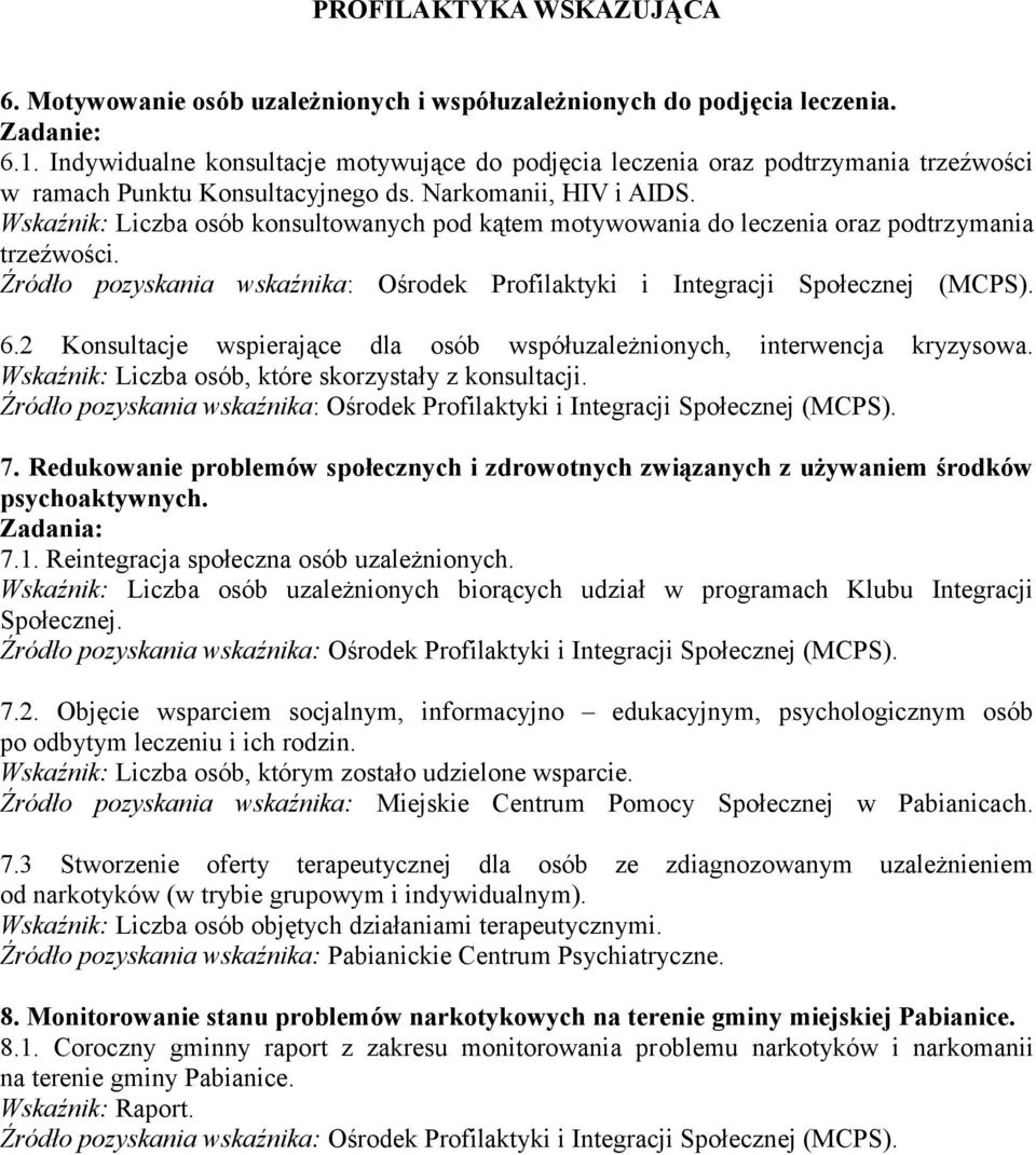 Wskaźnik: Liczba osób konsultowanych pod kątem motywowania do leczenia oraz podtrzymania trzeźwości. Źródło pozyskania wskaźnika: (MCPS). 6.