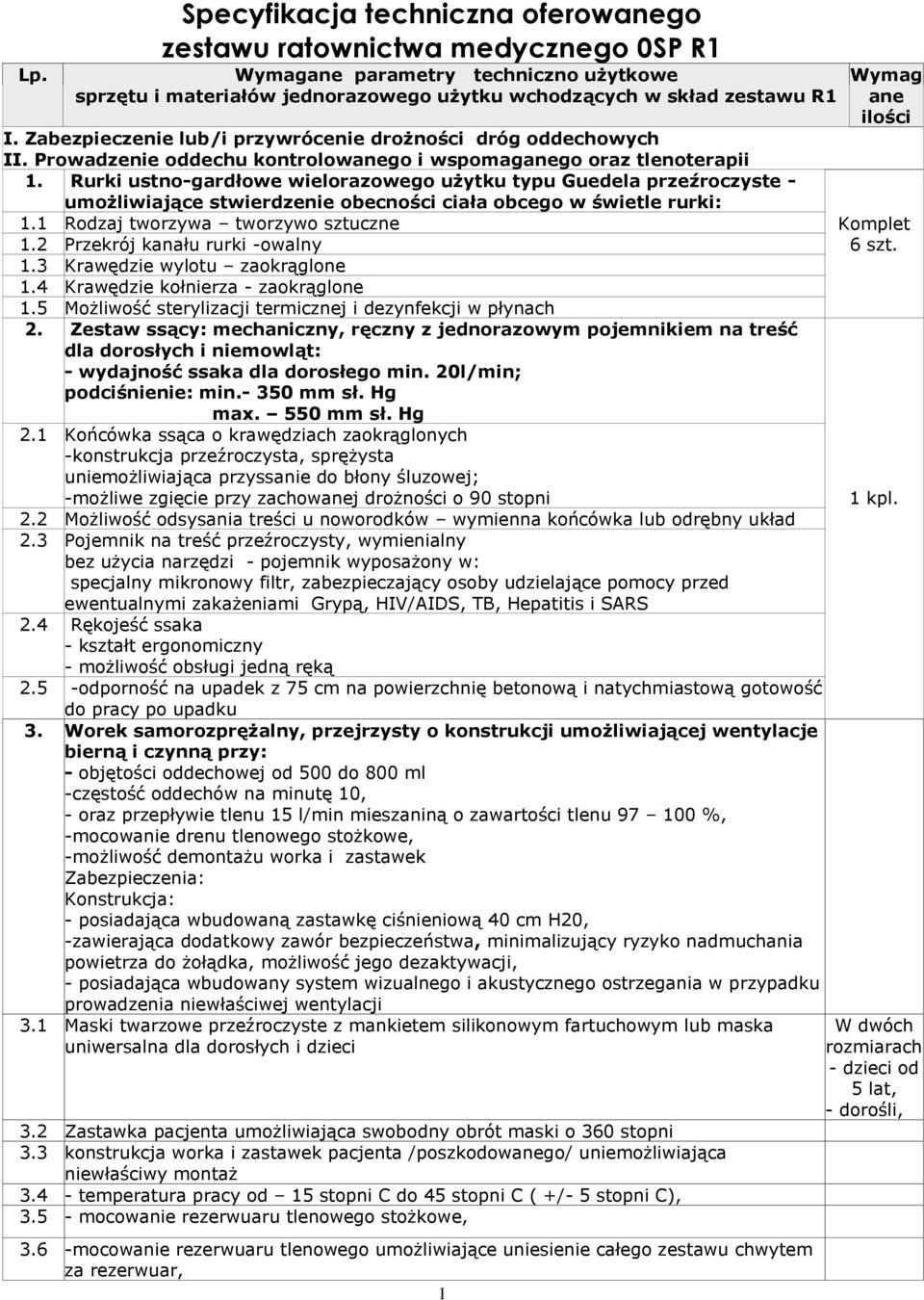 Rurki ustno-gardłowe wielorazowego użytku typu Guedela przeźroczyste - umożliwiające stwierdzenie obecności ciała obcego w świetle rurki: 1.1 Rodzaj tworzywa tworzywo sztuczne 1.