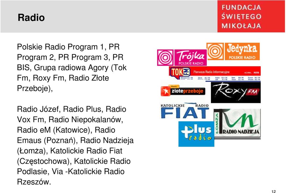 Niepokalanów, Radio em (Katowice), Radio Emaus (Poznań), Radio Nadzieja (ŁomŜa),