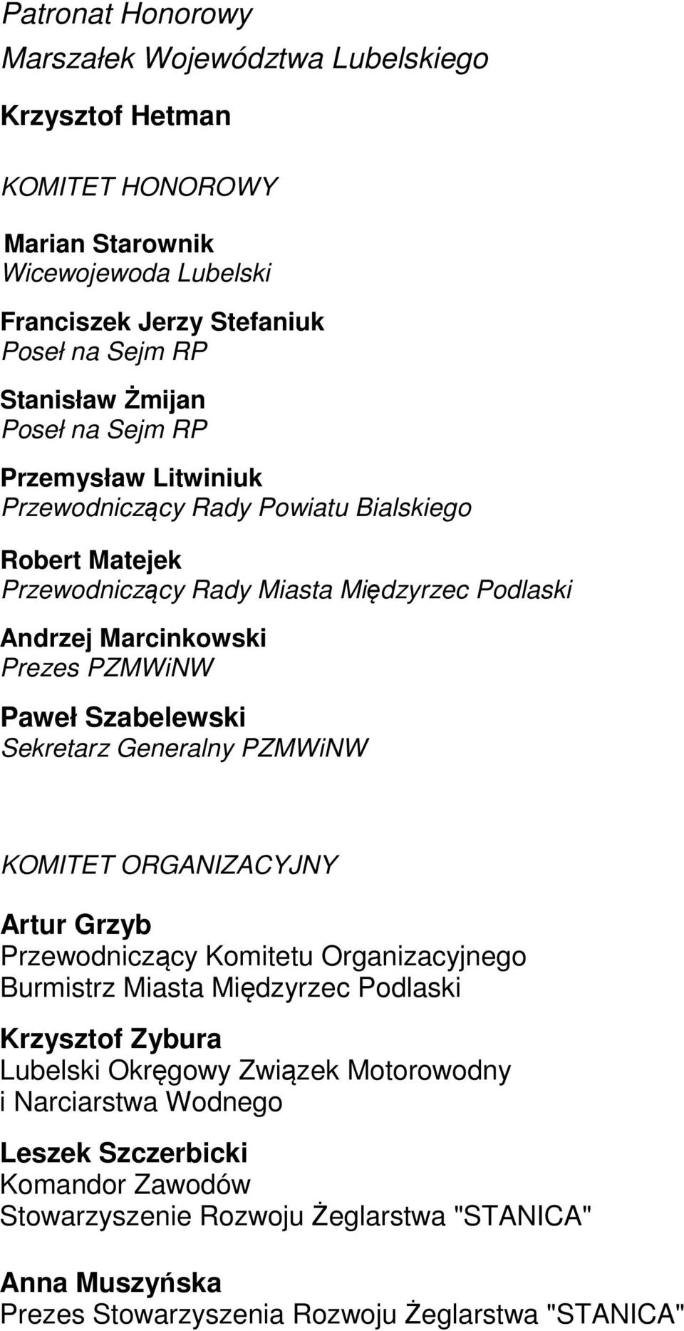 Paweł Szabelewski Sekretarz Generalny PZMWiNW KOMITET ORGANIZACYJNY Artur Grzyb Przewodniczący Komitetu Organizacyjnego Burmistrz Miasta Międzyrzec Podlaski Krzysztof Zybura Lubelski