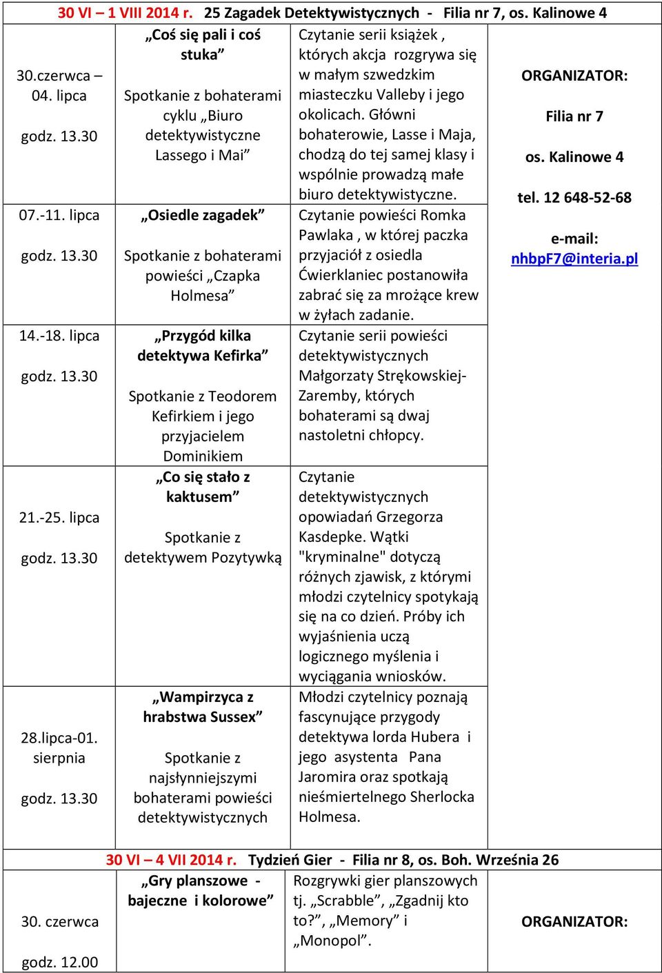 Spotkanie z bohaterami cyklu Biuro detektywistyczne Lassego i Mai Osiedle zagadek Spotkanie z bohaterami powieści Czapka Holmesa Przygód kilka detektywa Kefirka Spotkanie z Teodorem Kefirkiem i jego