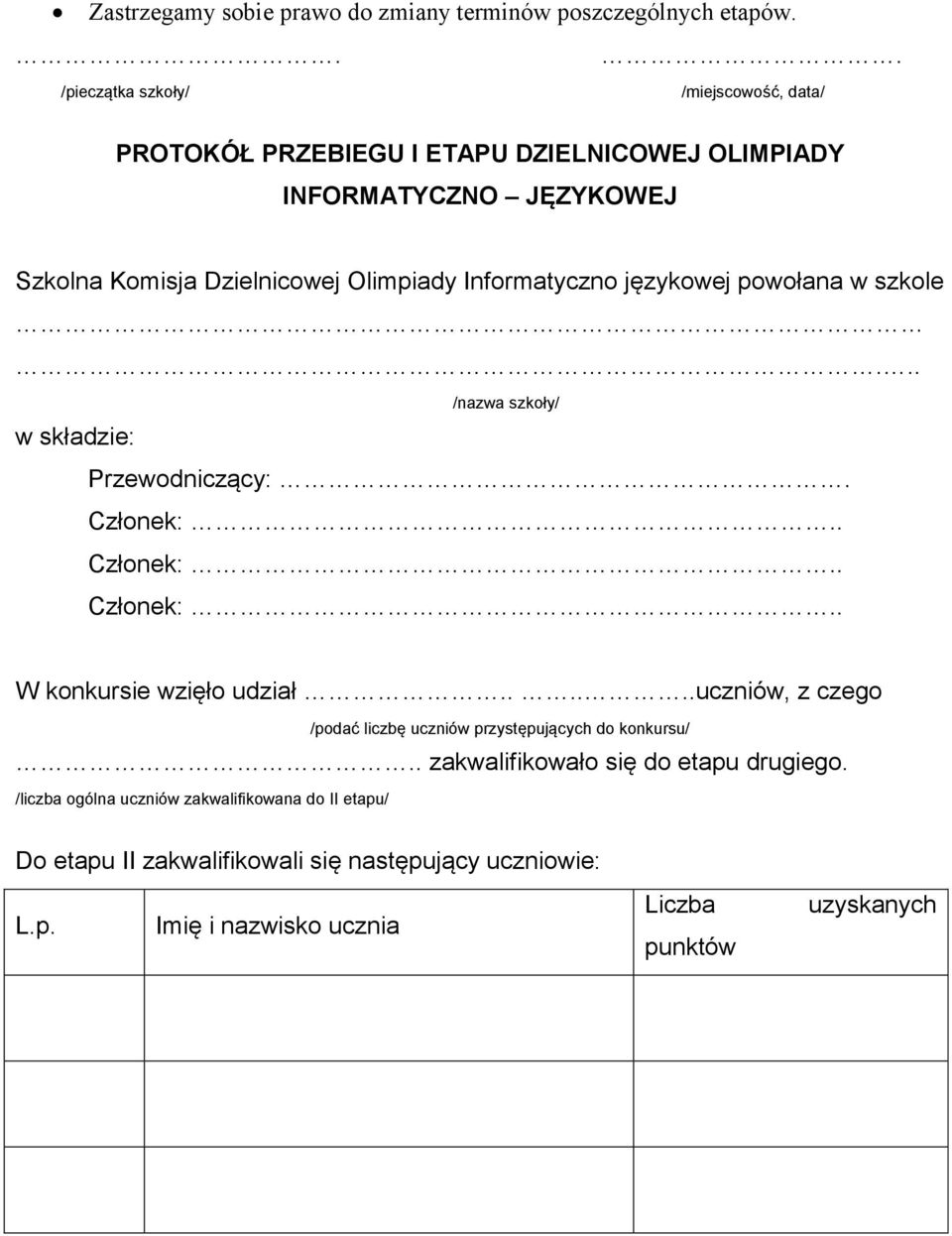 Olimpiady Informatyczno językowej powołana w szkole... /nazwa szkoły/ w składzie: Przewodniczący:. W konkursie wzięło udział.