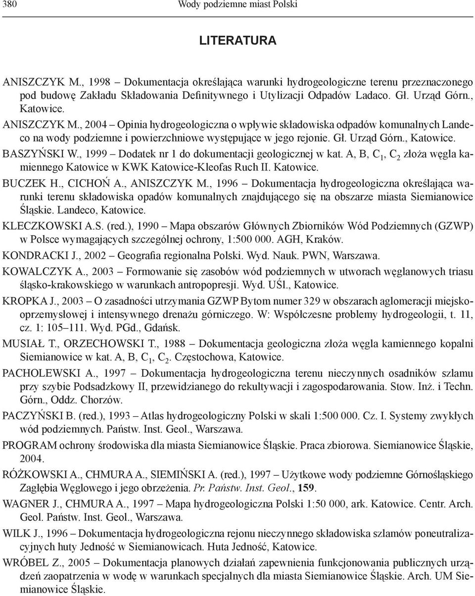 , 2004 Opinia hydrogeologiczna o wpływie składowiska odpadów komunalnych Landeco na wody podziemne i powierzchniowe występujące w jego rejonie. Gł. Urząd Górn., Katowice. BASZYŃSKI W.