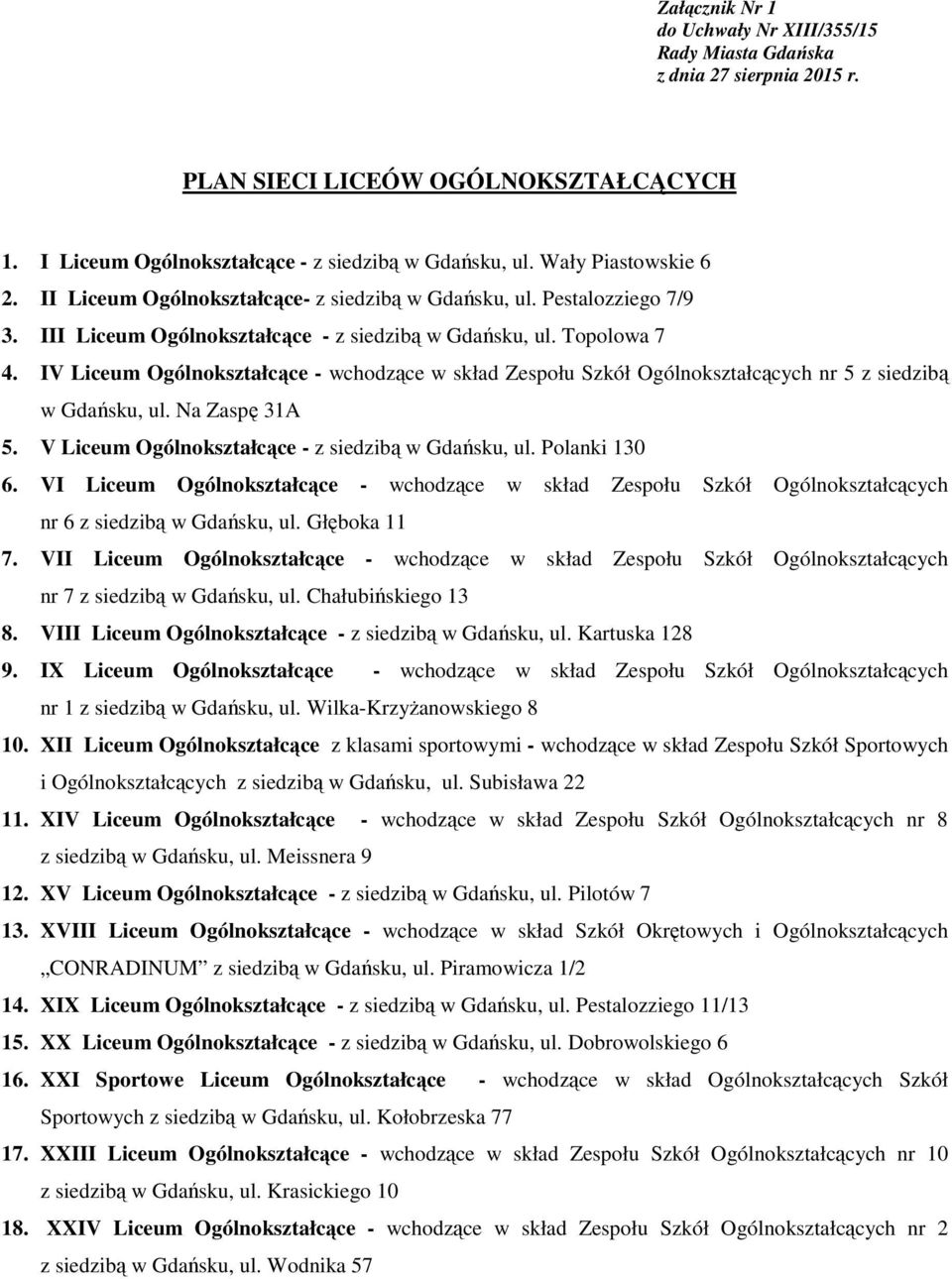 IV Liceum Ogólnokształcące - wchodzące w skład Zespołu Szkół Ogólnokształcących nr 5 z siedzibą w Gdańsku, ul. Na Zaspę 31A 5. V Liceum Ogólnokształcące - z siedzibą w Gdańsku, ul. Polanki 130 6.