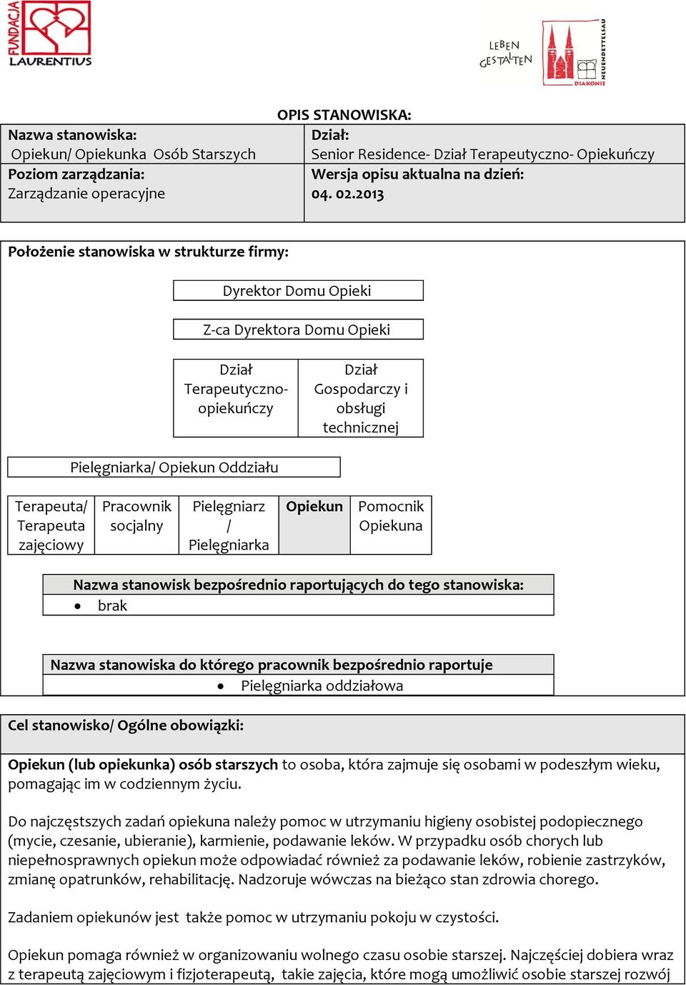 2013 Położenie stanowiska w strukturze firmy: Dyrektor Domu Opieki Z ca Dyrektora Domu Opieki Dział Terapeutycznoopiekuńczy Dział Gospodarczy i obsługi technicznej Pielęgniarka/ Opiekun Oddziału