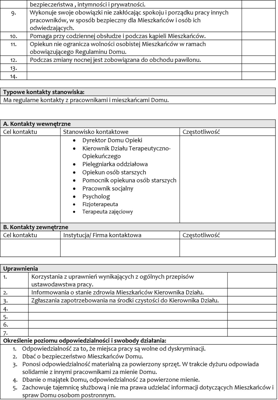 Podczas zmiany nocnej jest zobowiązana do obchodu pawilonu. 13. 14. Typowe konty stanowiska: Ma regularne konty z pracownikami i mieszkańcami Domu. A.