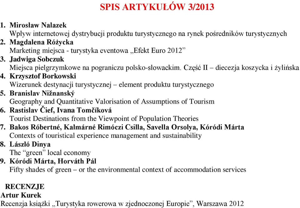 Krzysztof Borkowski Wizerunek destynacji turystycznej element produktu turystycznego 5. Branislav Nižnanský Geography and Quantitative Valorisation of Assumptions of Tourism 6.