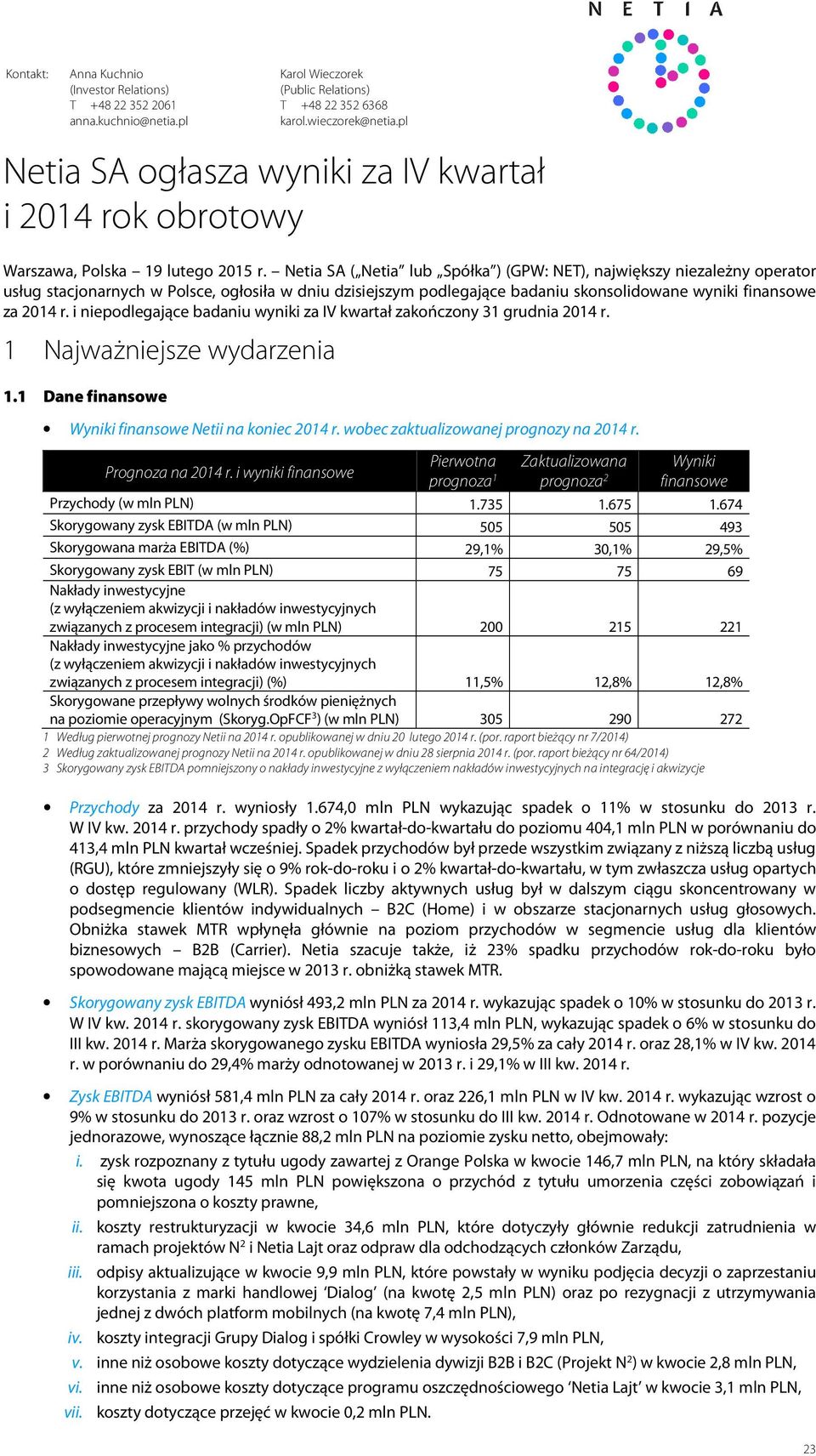 Netia SA ( Netia lub Spółka ) (GPW: NET), największy niezależny operator usług stacjonarnych w Polsce, ogłosiła w dniu dzisiejszym podlegające badaniu skonsolidowane wyniki finansowe za r.