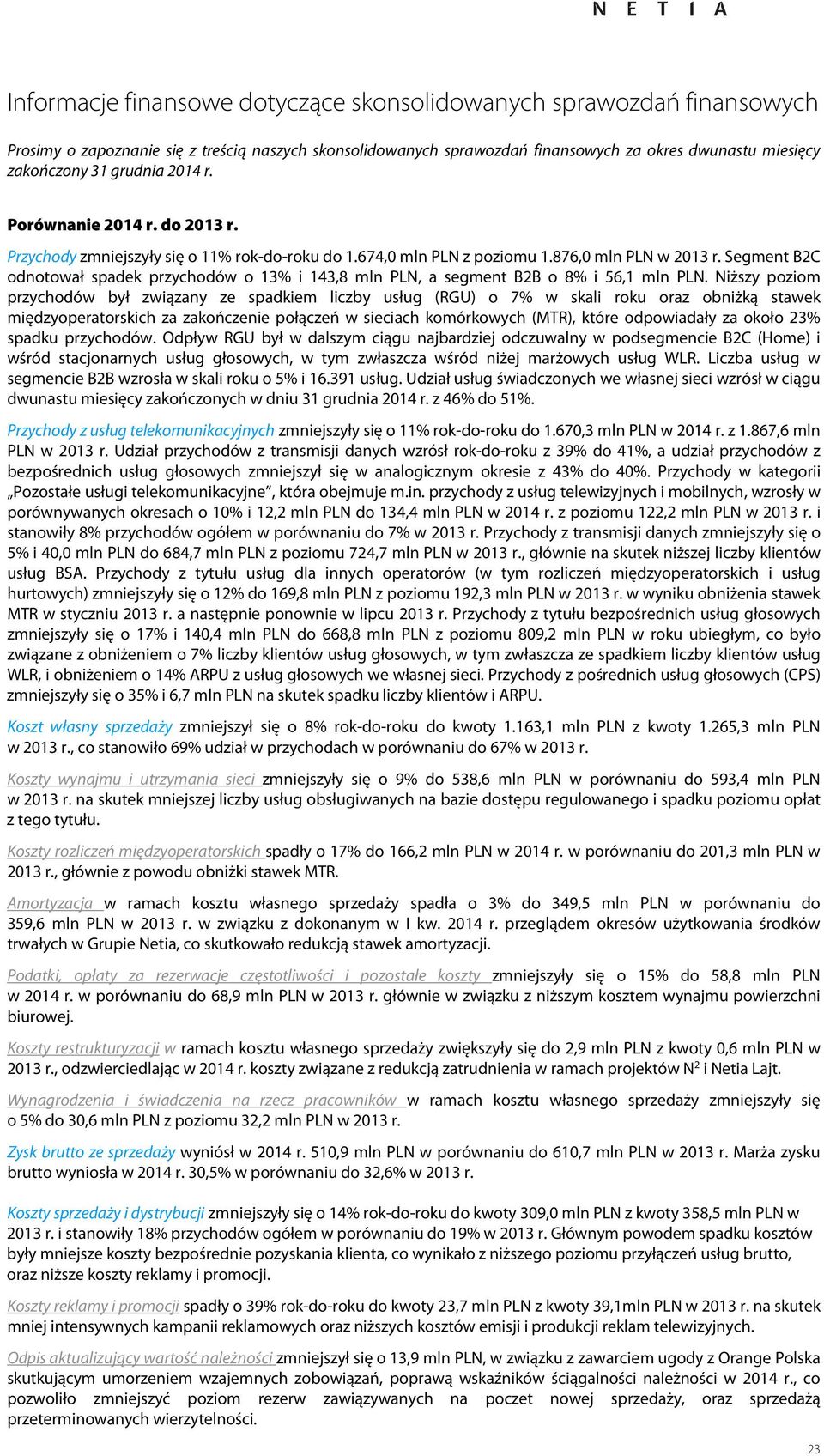 Segment B2C odnotował spadek przychodów o 13% i 143,8 mln PLN, a segment B2B o 8% i 56,1 mln PLN.