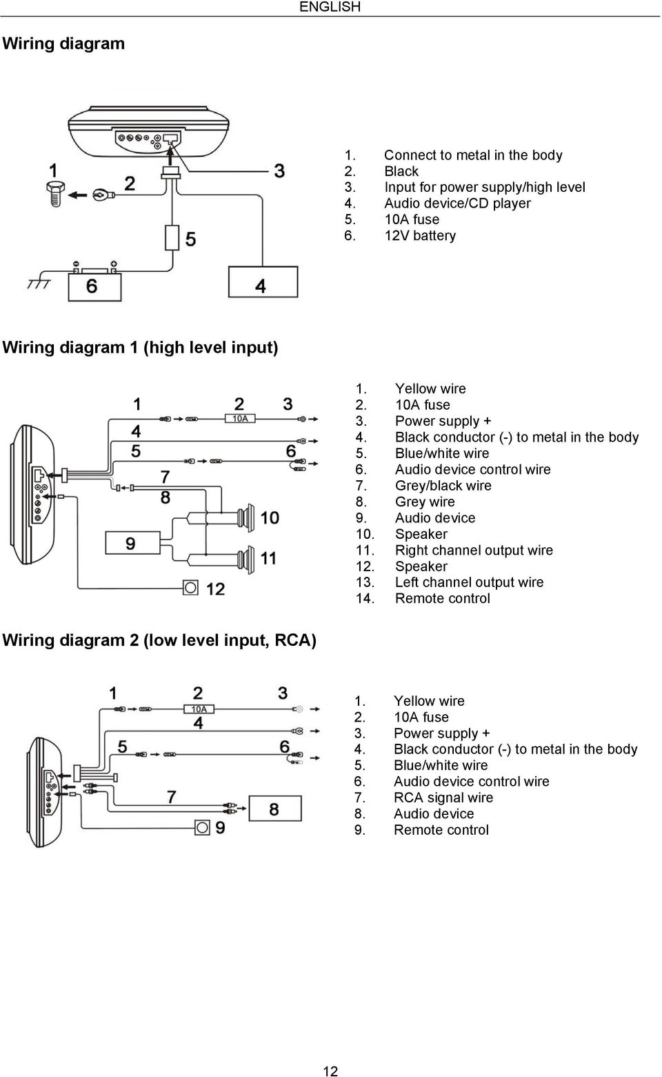 Audio device control wire 7. Grey/black wire 8. Grey wire 9. Audio device 10. Speaker 11. Right channel output wire 12. Speaker 13. Left channel output wire 14.