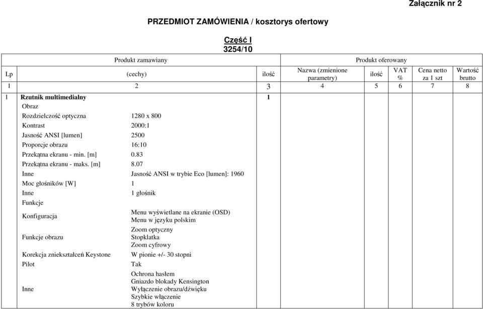 07 Inne Jasność ANSI w trybie Eco [lumen]: 960 Moc głośników [W] Inne Funkcje Konfiguracja Funkcje obrazu Korekcja zniekształceń Keystone Pilot Inne głośnik Menu wyświetlane