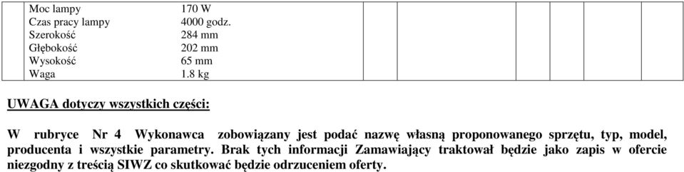 proponowanego sprzętu, typ, model, producenta i wszystkie parametry.