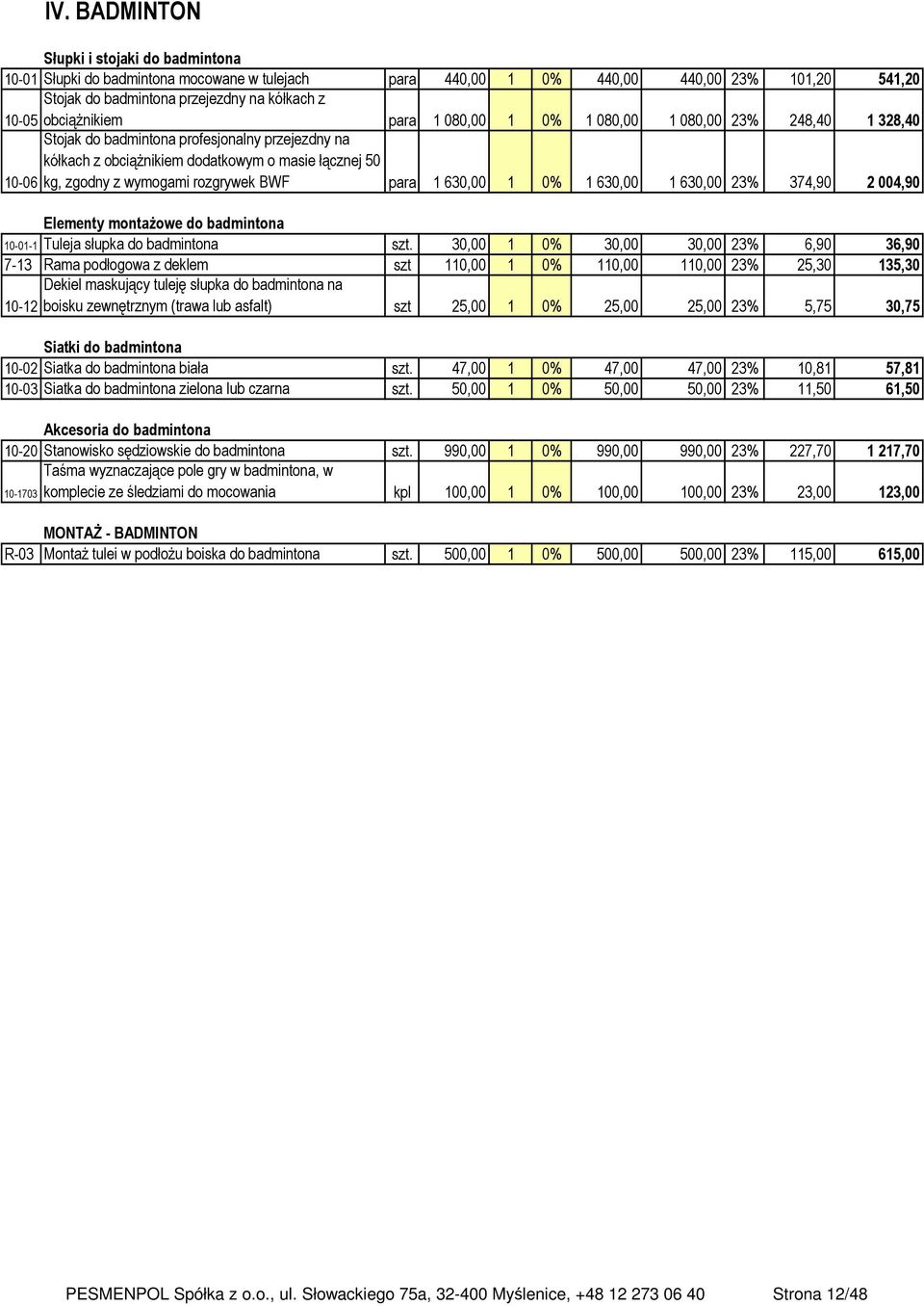 rozgrywek BWF para 1 630,00 1 0% 1 630,00 1 630,00 23% 374,90 2 004,90 Elementy montażowe do badmintona 10-01-1 Tuleja słupka do badmintona szt.