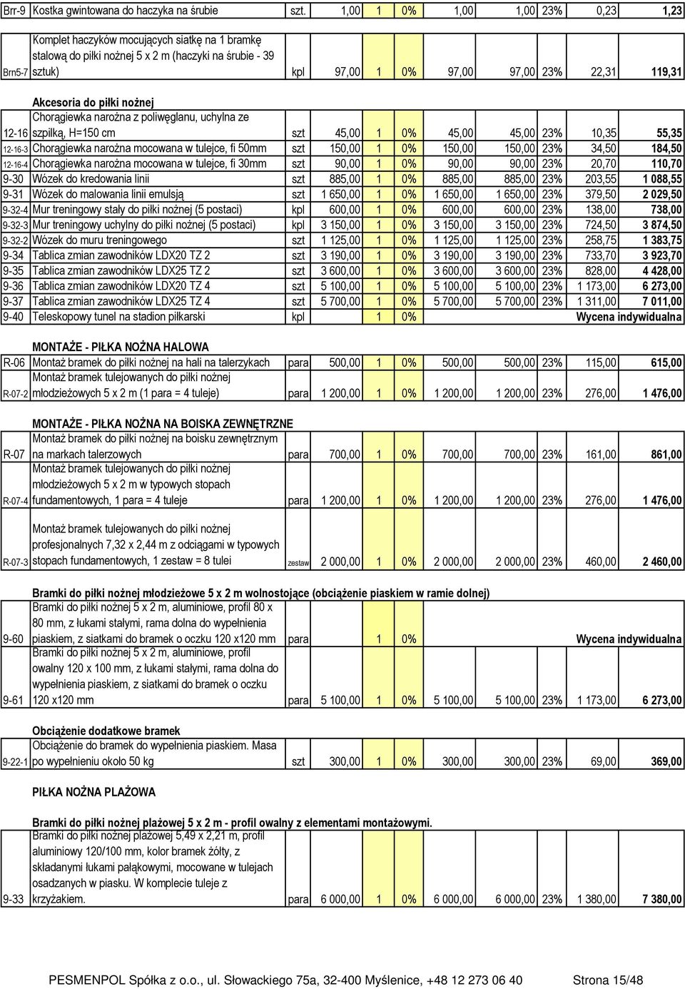 Akcesoria do piłki nożnej Chorągiewka narożna z poliwęglanu, uchylna ze 12-16 szpilką, H=150 cm szt 45,00 1 0% 45,00 45,00 23% 10,35 55,35 12-16-3 Chorągiewka narożna mocowana w tulejce, fi 50mm szt