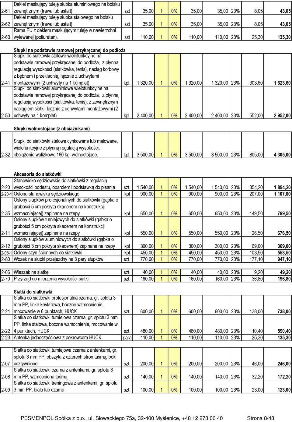 szt 110,00 1 0% 110,00 110,00 23% 25,30 135,30 2-41 2-50 Słupki na podstawie ramowej przykręcanej do podłoża Słupki do siatkówki stalowe wielofunkcyjne na podstawie ramowej przykręcanej do podłoża, z