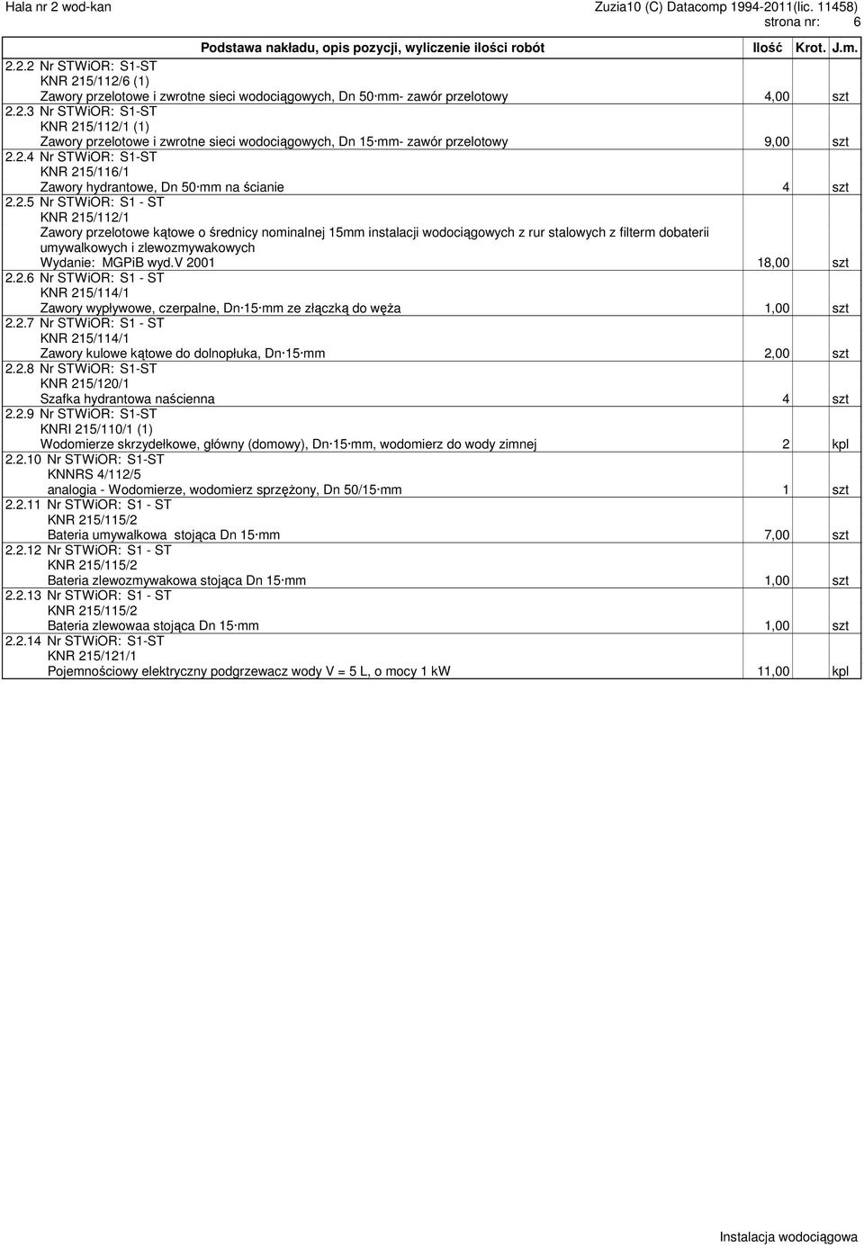 rur stalowych z filterm dobaterii umywalkowych i zlewozmywakowych Wydanie: MGPiB wyd.v 2001 18,00 szt 2.2.6 Nr STWiOR: S1 - ST KNR 215/114/1 Zawory wypływowe, czerpalne, Dn 15 mm ze złączką do węŝa 1,00 szt 2.