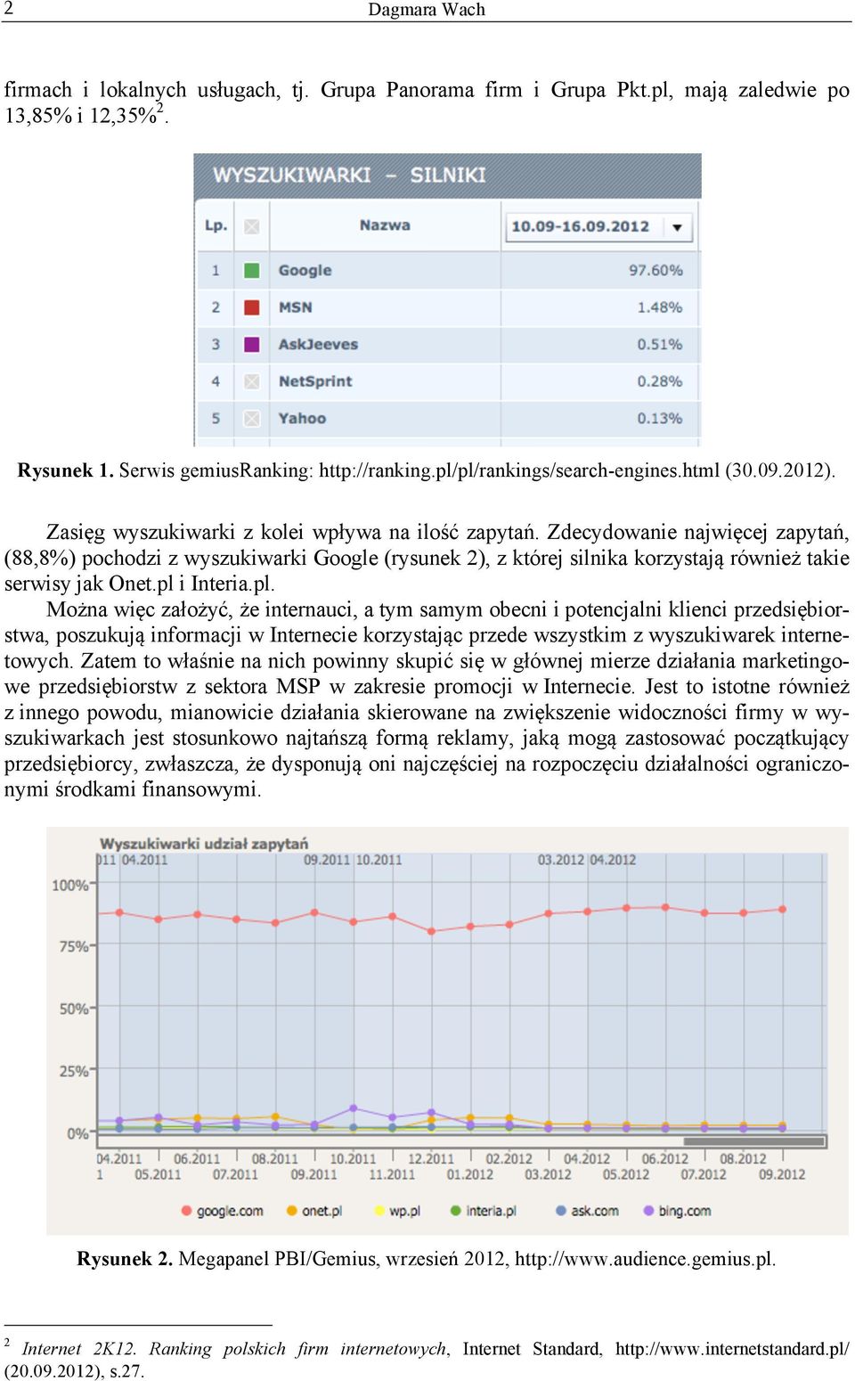 Zdecydowanie najwięcej zapytań, (88,8%) pochodzi z wyszukiwarki Google (rysunek 2), z której silnika korzystają również takie serwisy jak Onet.pl 