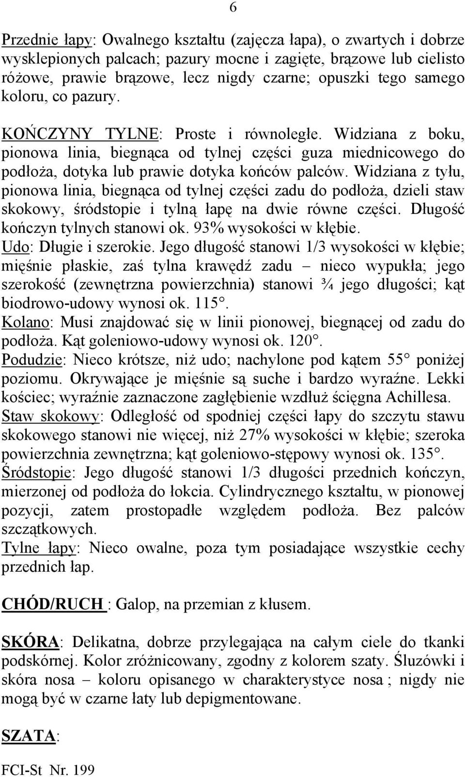 samego koloru, co pazury. KOŃCZYNY TYLNE: Proste i równoległe. Widziana z boku, pionowa linia, biegnąca od tylnej części guza miednicowego do podłoża, dotyka lub prawie dotyka końców palców.