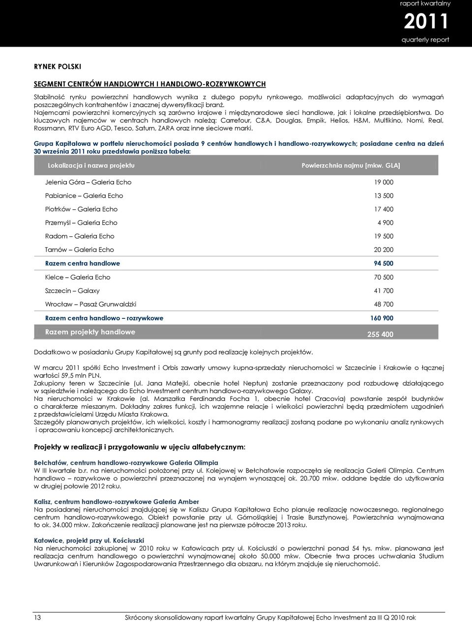 Do kluczowych najemców w centrach handlowych należą: Carrefour, C&A, Douglas, Empik, Helios, H&M, Multikino, Nomi, Real, Rossmann, RTV Euro AGD, Tesco, Saturn, ZARA oraz inne sieciowe marki.