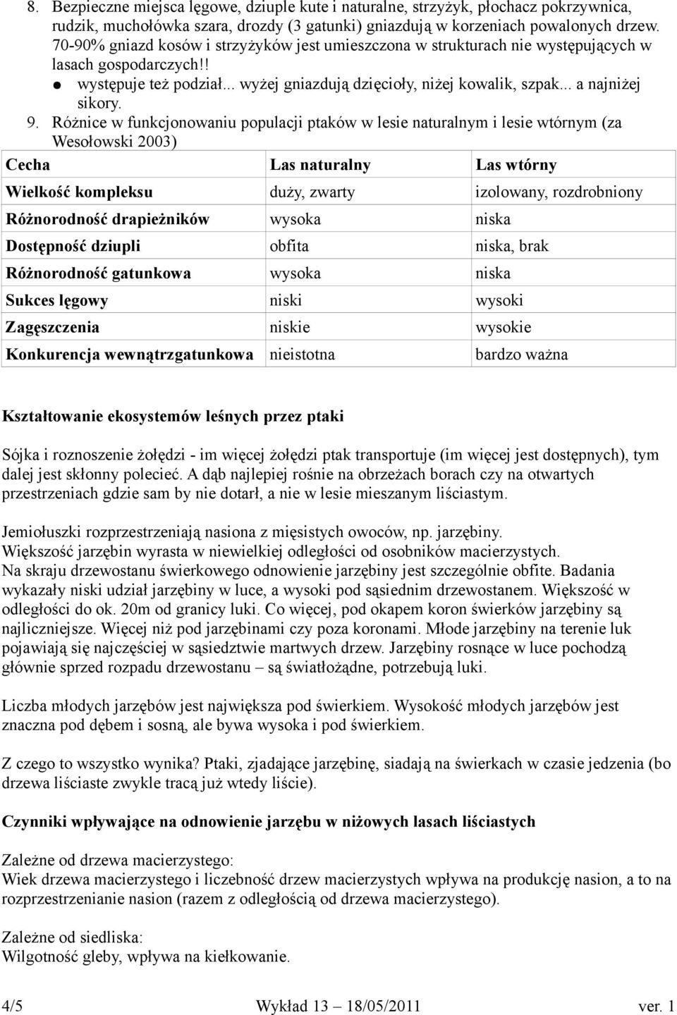 9. Różnice w funkcjonowaniu populacji ptaków w lesie naturalnym i lesie wtórnym (za Wesołowski 2003) Cecha Las naturalny Las wtórny Wielkość kompleksu duży, zwarty izolowany, rozdrobniony