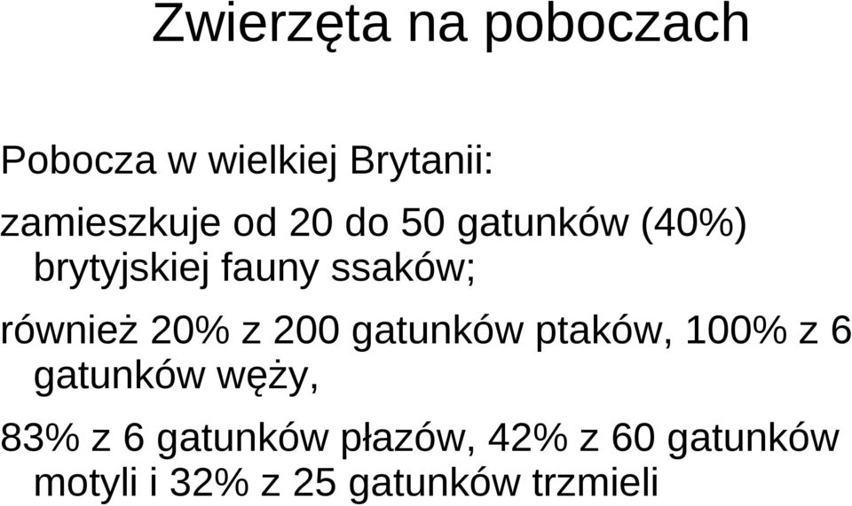 20% z 200 gatunków ptaków, 100% z 6 gatunków węży, 83% z 6