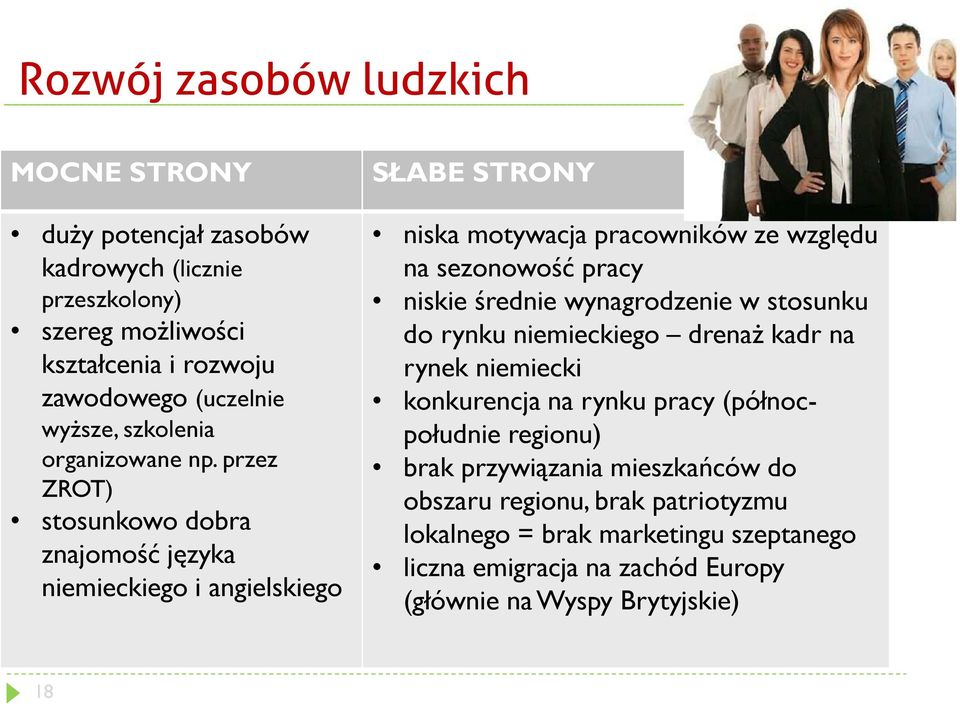 przez ZROT) stosunkowo dobra znajomość języka niemieckiego i angielskiego SŁABE STRONY niska motywacja pracowników ze względu na sezonowość pracy niskie średnie