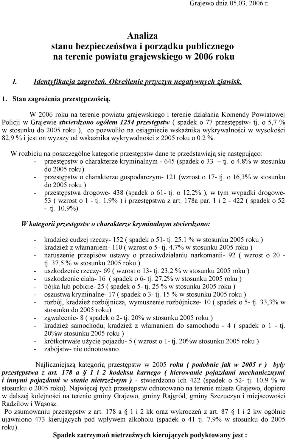 W 2006 roku na terenie powiatu grajewskiego i terenie działania Komendy Powiatowej Policji w Grajewie stwierdzono ogółem 1254 przestępstw ( spadek o 77 przestępstw- tj.