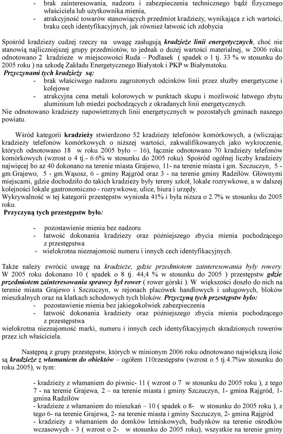 to jednak o dużej wartości materialnej, w 2006 roku odnotowano 2 kradzieże w miejscowości Ruda Podlasek ( spadek o 1 tj.