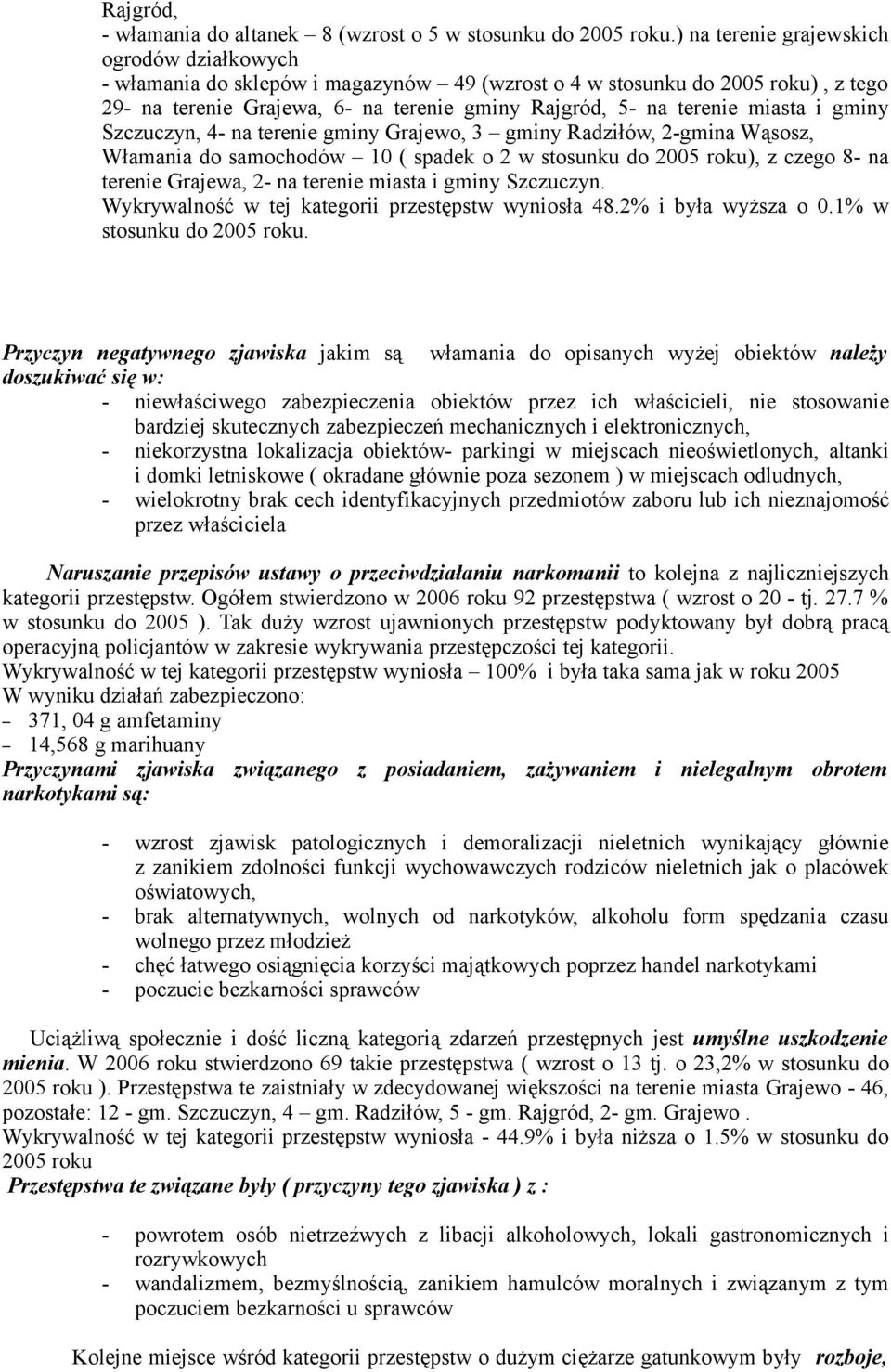 miasta i gminy Szczuczyn, 4- na terenie gminy Grajewo, 3 gminy Radziłów, 2-gmina Wąsosz, Włamania do samochodów 10 ( spadek o 2 w stosunku do 2005 roku), z czego 8- na terenie Grajewa, 2- na terenie