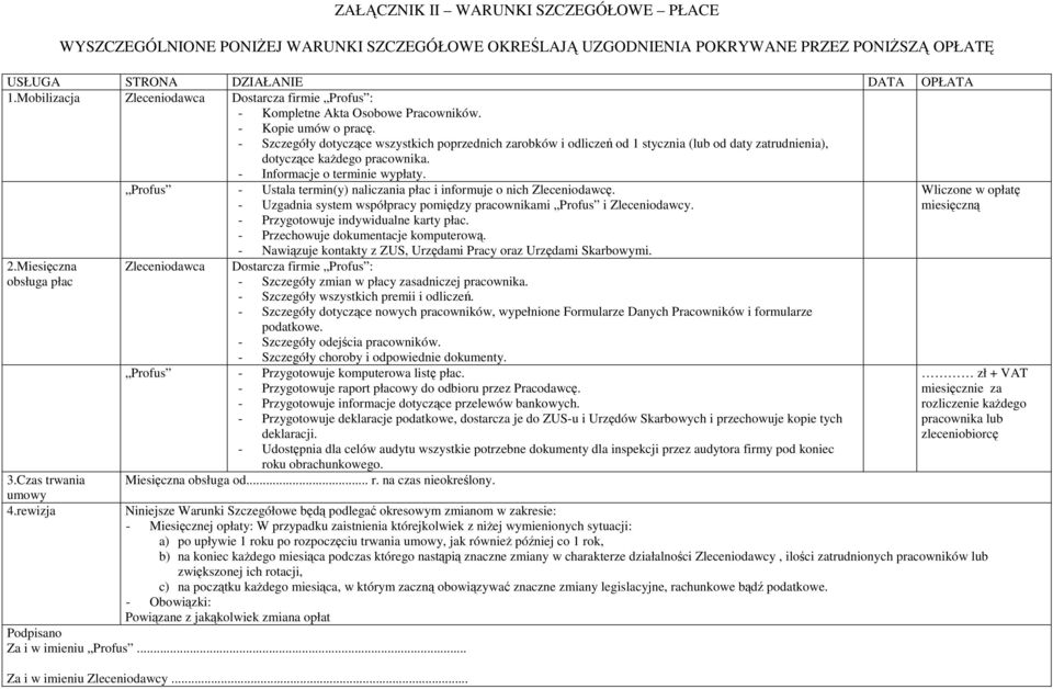 - Szczegóły dotyczące wszystkich poprzednich zarobków i odliczeń od 1 stycznia (lub od daty zatrudnienia), dotyczące każdego pracownika. 2.Miesięczna obsługa płac 3.Czas trwania umowy 4.