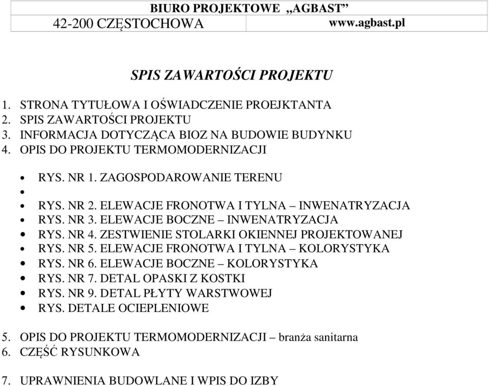 ELEWACJE BOCZNE INWENATRYZACJA RYS. NR 4. ZESTWIENIE STOLARKI OKIENNEJ PROJEKTOWANEJ RYS. NR 5. ELEWACJE FRONOTWA I TYLNA KOLORYSTYKA RYS. NR 6. ELEWACJE BOCZNE KOLORYSTYKA RYS.