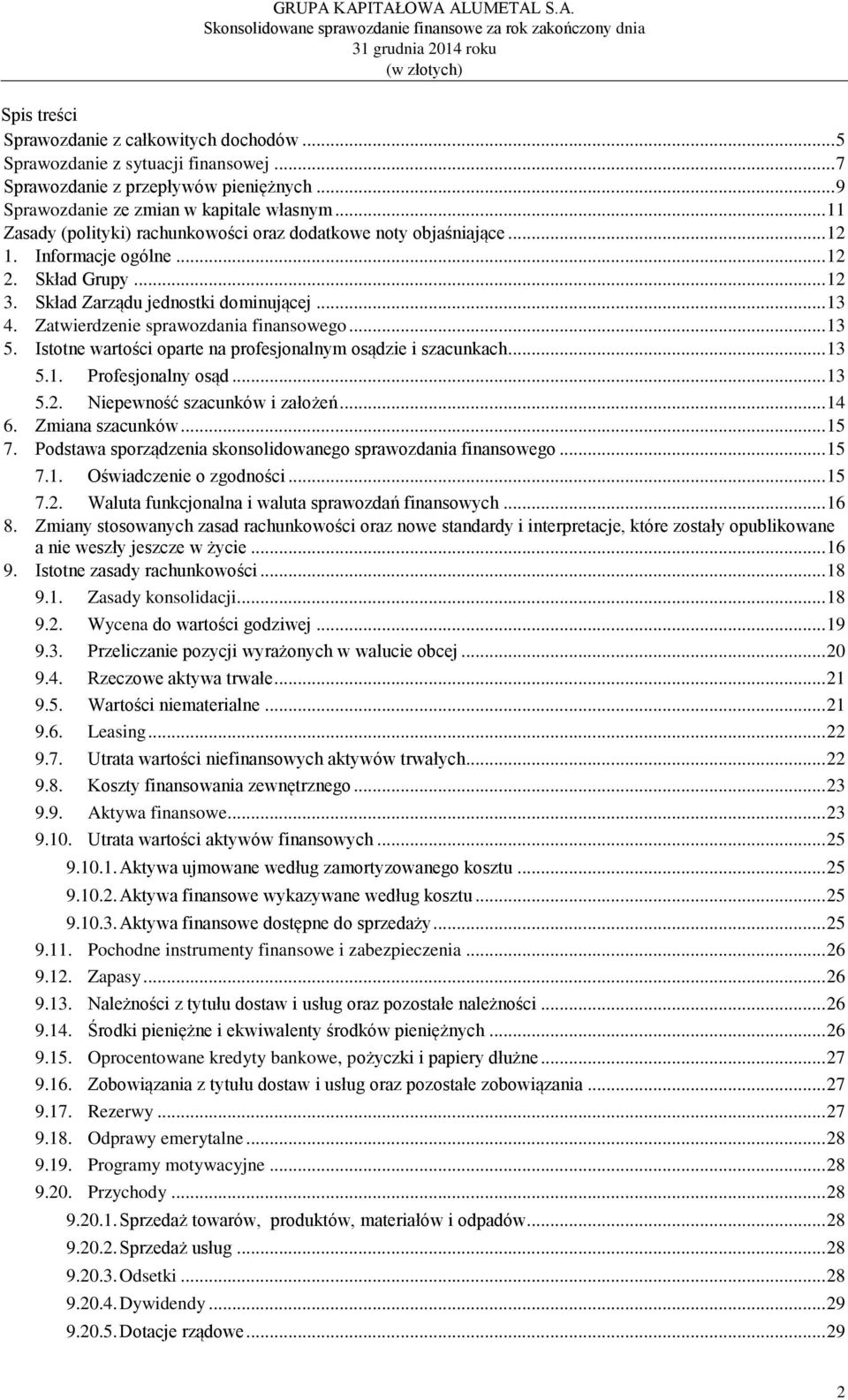 Zatwierdzenie sprawozdania finansowego... 13 5. Istotne wartości oparte na profesjonalnym osądzie i szacunkach... 13 5.1. Profesjonalny osąd... 13 5.2. Niepewność szacunków i założeń... 14 6.