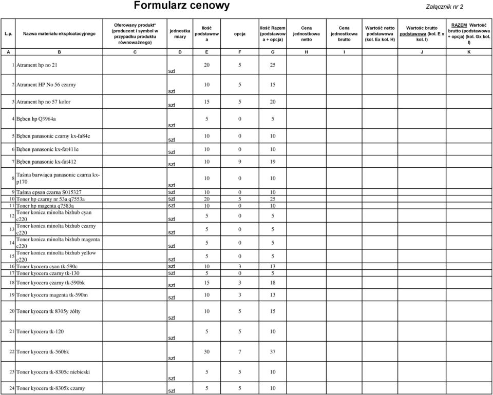 netto Cena jednostkowa brutto Wartość netto podstawowa (kol. Ex kol. H) Wartośc brutto podstawowa (kol. E x kol. I) RAZEM Wartość brutto (podstawowa + opcja) (kol. Gx kol.