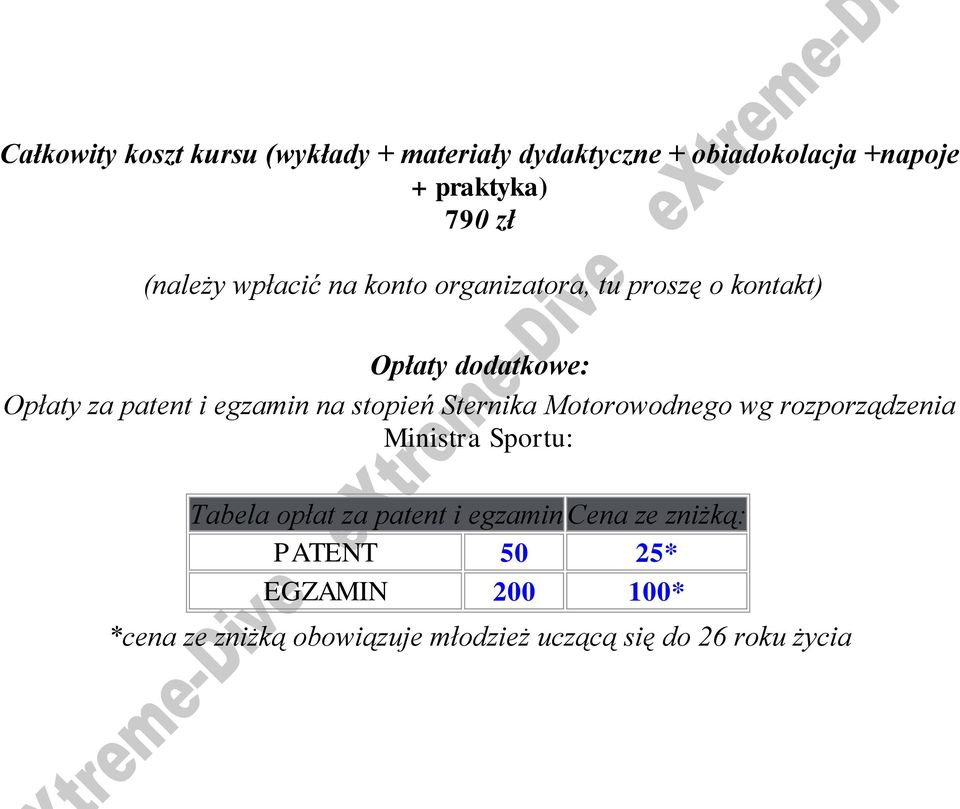 egzamin na stopień Sternika Motorowodnego wg rozporządzenia Ministra Sportu: Tabela opłat za patent i